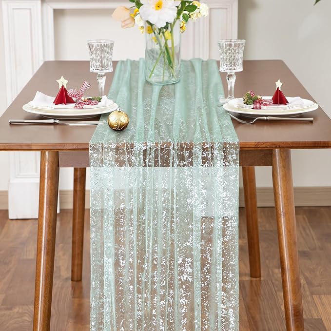 SiinvdaBZX 4 Pcs Sage Green Sheer Tulle Table Runner 120 Inch/10 Ft Long | - Image 3