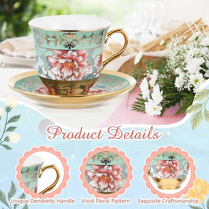 Teenyyou Set of 12 Tea Cups and Saucers Tea Party Decorations Floral Porcelain - Image 7