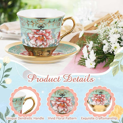 Teenyyou Set of 12 Tea Cups and Saucers Tea Party Decorations Floral Porcelain - Image 7