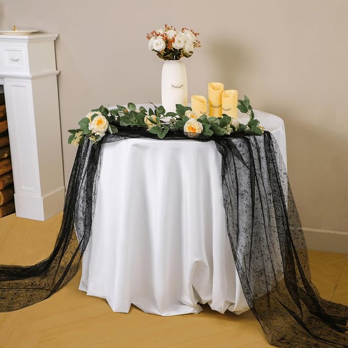 Snowkingdom Black Table Runner, 10FT Sheer Tulle Gauze Metallic Mesh Foil Table - Image 8