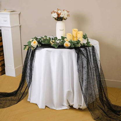 Snowkingdom Black Table Runner, 10FT Sheer Tulle Gauze Metallic Mesh Foil Table - Image 8