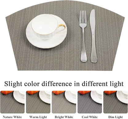 SHACOS Wedge Shaped Placemats Set of 4 Woven Vinyl Dining Table Place Mats Round Table Mats Non Slip Heat Resistant Wipe Clean Indoor Outdoor Table Decor (4, Gray)