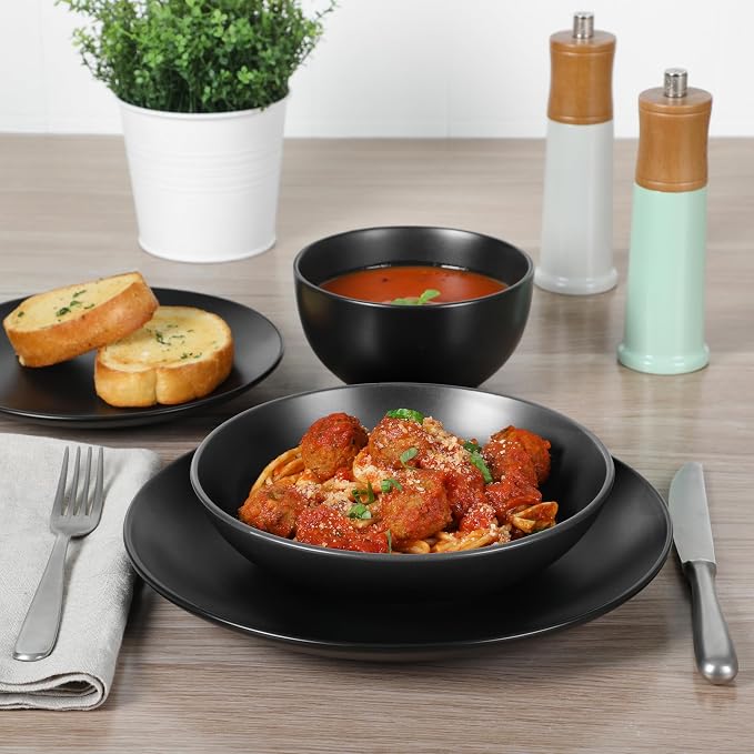 Gibson Home Queenslane 16-Piece Matte Black Stoneware Dinnerware Set – Double - Image 3