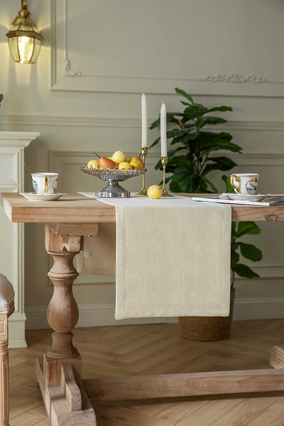 Burlap Style Farmhouse Table Runner, 14x60 Inches Cream | Thick Durable Fabric - Image 3