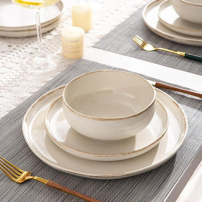 AmorArc Ceramic Dinnerware Sets, Wavy Rim Stoneware Plates and Bowls Sets, Highly Scratch Resistant | Dishwasher & Microwave Dishes set, Service for 4 (12pc)-Speckled Cappuccino)