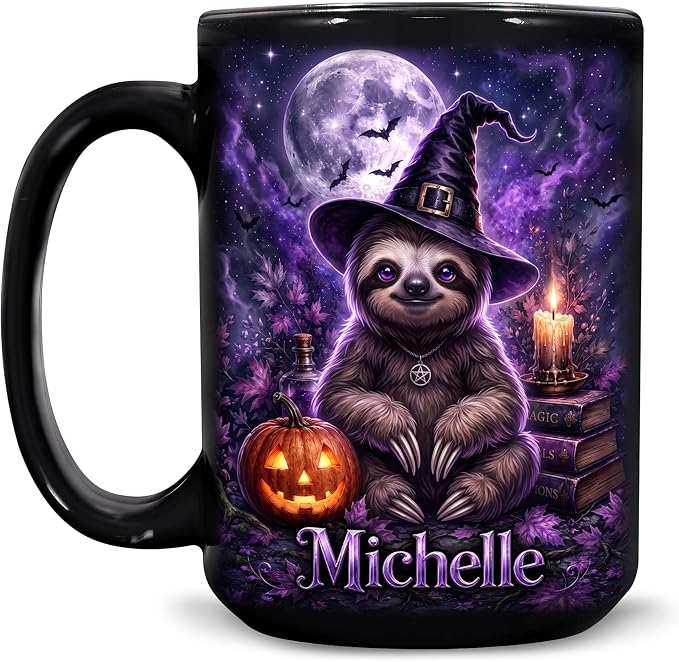 Hyturtle Personalized Halloween Sloth Mug, Custom Name Gift by Hyturtle