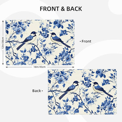 Flower Bird Placemats Set of 6, Blue Birds Place Mats,Blue and White Floral Waterproof Washable Table Mats for Home Party Indoor Kitchen Dining Table Decoration 12x18 Inch