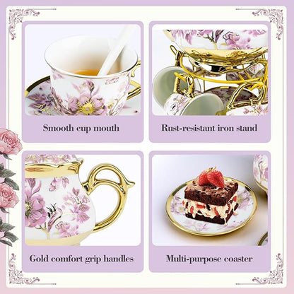 20 Pcs Porcelain Tea Set with Metal Holder, European Ceramic Tea Set - Image 5