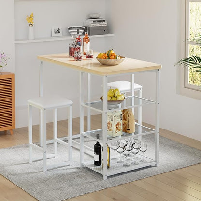 VECELO Small Bar Table and Chairs Set for 2, Upholstered Stools & Glass Storage Shelves, for Kitchen Dining Breakfast Nook, Space-Saving, Natural & White