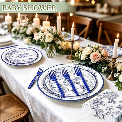 100 Pcs Disposable Blue and White Floral Tableware Set - Image 3