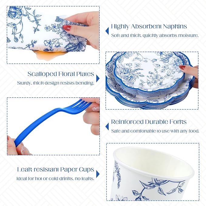 Kochorie 144 Pieces Blue Floral Paper Plates and Napkins Party Supplies - Image 3