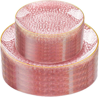 Rubtlamp 60Pcs Pink Plastic Plates, Hammered Gold Plates Include 30Pink Plastic by Rubtlamp