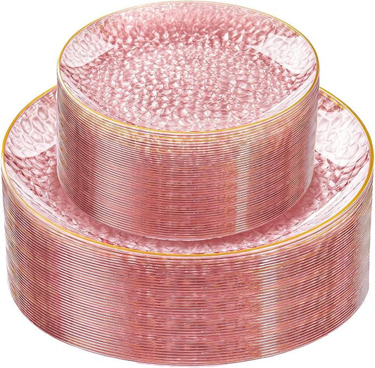 Rubtlamp 60Pcs Pink Plastic Plates, Hammered Gold Plates Include 30Pink Plastic by Rubtlamp