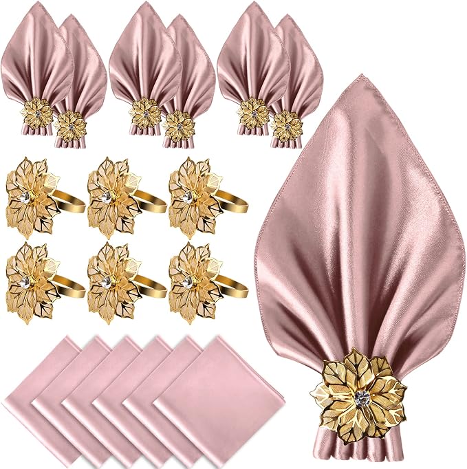 12 Pack Gold Napkin Rings and Cloth Napkins Set of 6, 17x17 Satin Cocktail by CROWNGUIDE