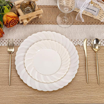 U-QE 60 Pcs Ivory Plastic Plates for Party – Scalloped Plastic Plates Heavy Duty & Elegant – Include 30 10.25" Dinner & 30 7.25" Dessert Plates - Perfect for Party & Wedding