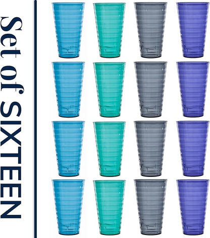 US Acrylic Splash [Set of 16] 18 ounce Plastic Stackable Water Tumblers in 4 Coastal Colors Value Set of Drinking Cups, Reusable, BPA-free, Made in the USA, Top-rack Dishwasher Safe
