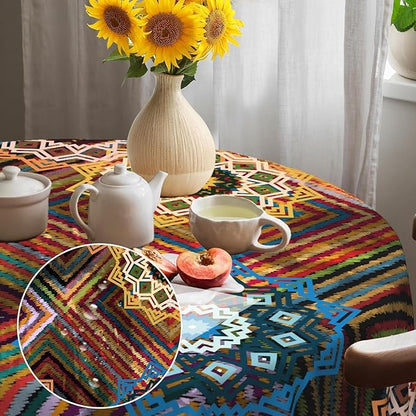 Laeacco 48 Inch Colorful Patchwork Round Tablecloth Woven Flowers Geometric Abstract Art Print Table Cloth Washable Waterproof Wrinkle Free Table Cover for Kitchen Dining Picnic Party Decoration
