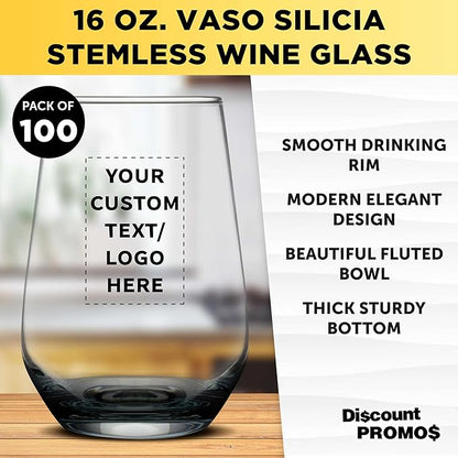 DISCOUNT PROMOS 100 Vaso Silicia Stemless Wine Glasses Set, 16 oz. - Personalized Text, Logo - Clear, Orb-Like, Thick base - Black