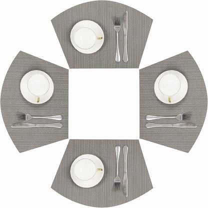 SHACOS Wedge Shaped Placemats Set of 4 Woven Vinyl Dining Table Place Mats Round Table Mats Non Slip Heat Resistant Wipe Clean Indoor Outdoor Table Decor (4, Gray)