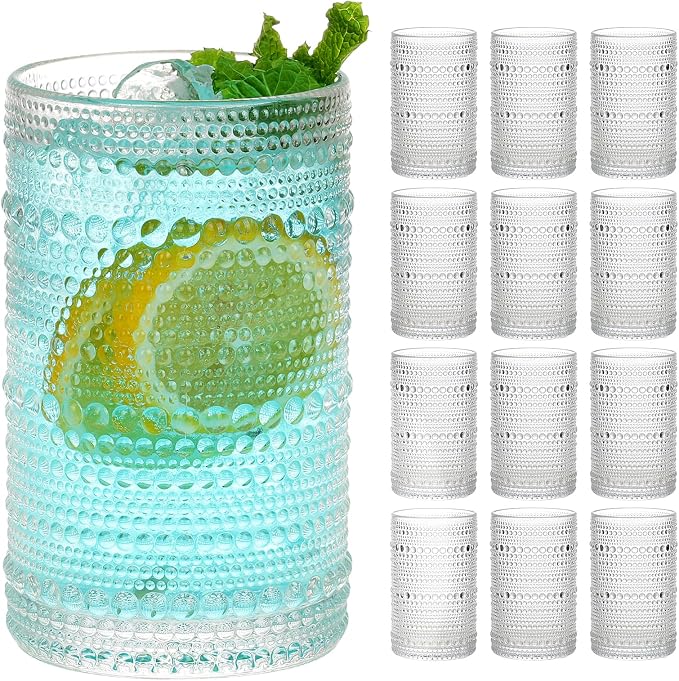 Moretoes 12 Oz Hobnail Drinking Glasses Set of 12 | Clear Highball Glasses Cups by Moretoes
