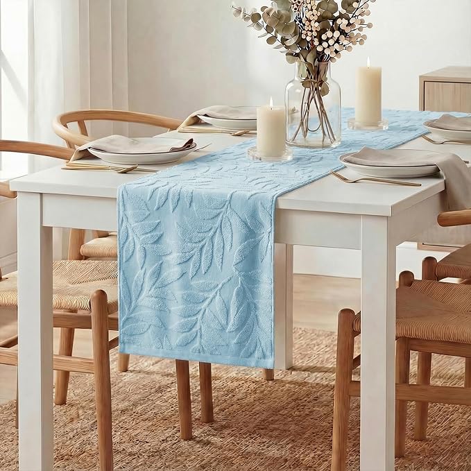Artoid Mode Light Blue Soft 3D Jacquard Leaves 100%Cotton Spring Table Runner - Image 3