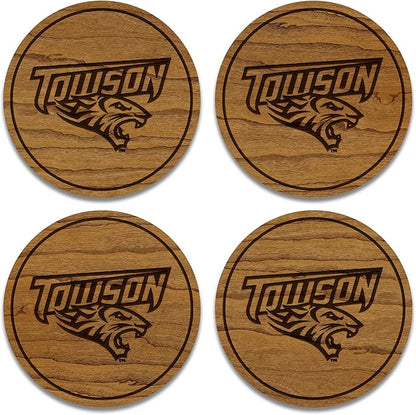 LazerEdge Wooden Coaster Set - 120+ University Designs Hand Crafted from Cherry Wood - Officially Licensed Product - 4-Pack (Towson Tigers)