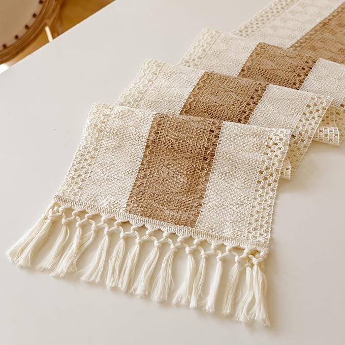 EMMTEEY Boho Table Runner with Tassels 94 Inches Long, Cream Brown | Handmade - Image 6