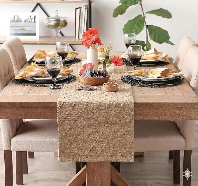 The Home Talk Handwoven Solid Diamond Table 4-6 Seater Runner – Beige Design – by TheHomeTalk