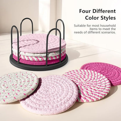 Coasters Set of 8 for Drinks, Beer, Coffee, Cotton Woven 4 Colors Absorbent Coaster with Holder, Boho Coasters for Home Decor Tabletop Protection Suitable for Kinds of Cups