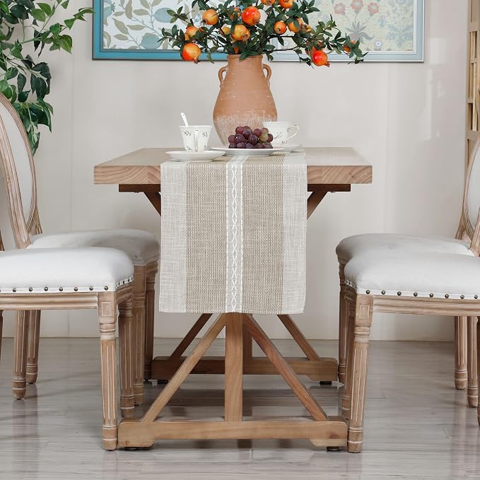 NEWISHER Farmhouse Braided Striped Embroidery Table Runner 72 inches, Rustic - Image 8