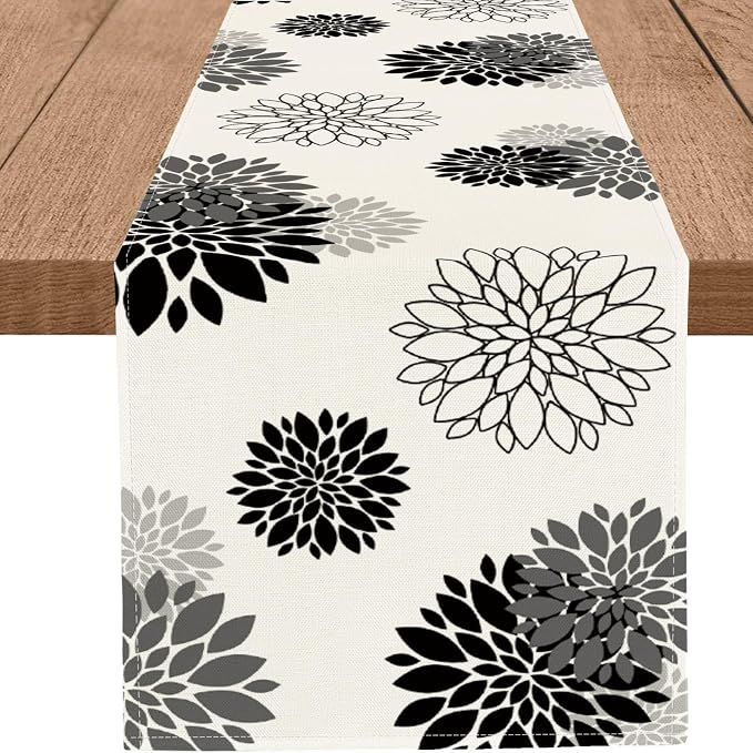 Black Gray Table Runner Dahlia Pinnata Flower Beige Table Runners Modern by WHOMEAF