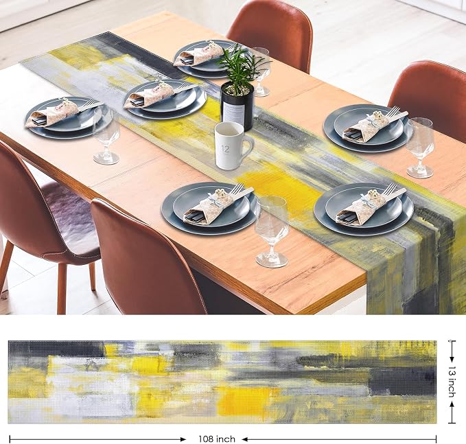 Emvency Table Runner, 13x72 Inch, Abstract Art Modern | Yellow Grey Dining Decor - Image 2