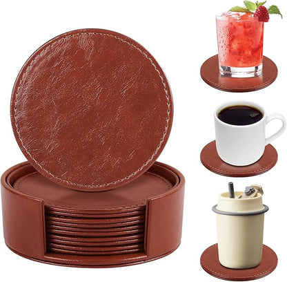 6 Pcs Premium Leather Coasters with Holder, Tabletop Protection, Coffee Table & Bar Decoration, Modern-Style Drink Coasters Suitable for Home Dining Tables & Kitchen Accessories (Brown)