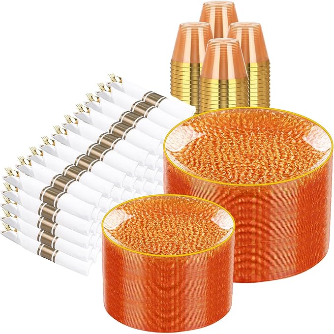Rubtlamp 700Pcs Orange Gold Plastic Dinnerware Set, Hammered Clear Gold Plates by Rubtlamp
