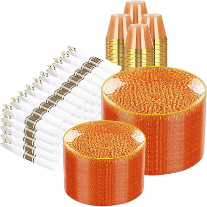 Rubtlamp 700Pcs Orange Gold Plastic Dinnerware Set, Hammered Clear Gold Plates by Rubtlamp
