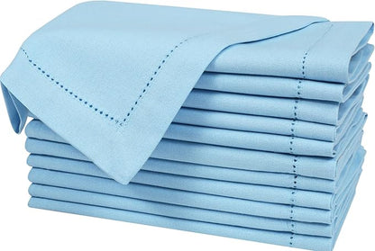 Bedding Craft Cloth Dinner Napkins Set of 12 – 18x18 Airy Blue Linen-Look Hemstitched – Soft Machine Washable Reusable Napkins for Weddings, Parties & Elegant Table Settings