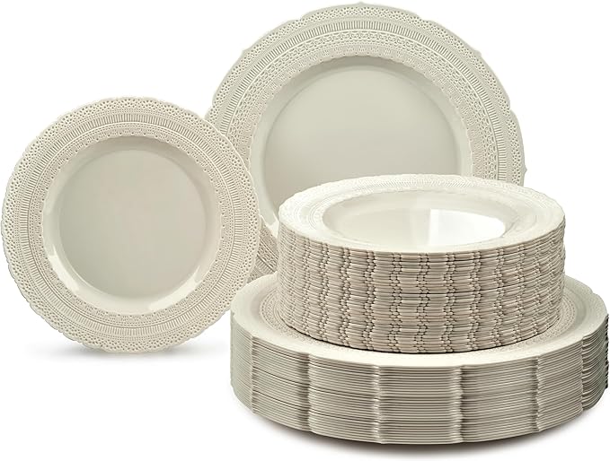 " OCCASIONS " 120 Plates Pack,(60 Guests) Extra Heavyweight Vintage Wedding Disposable/Reusable Plastic Plates 60 x 11'' Dinner + 60 x 8.25'' Salad/Dessert Plate (Chateau Ivory)