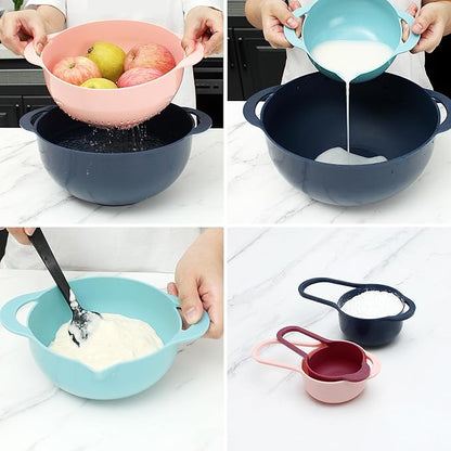 COOK WITH COLOR Nesting Bowls with Measuring Cups Colander and Sifter Set - Includes Mixing Bowls, Colander, Sifter and Measuring Cups, Navy, 8 Pc Bowl