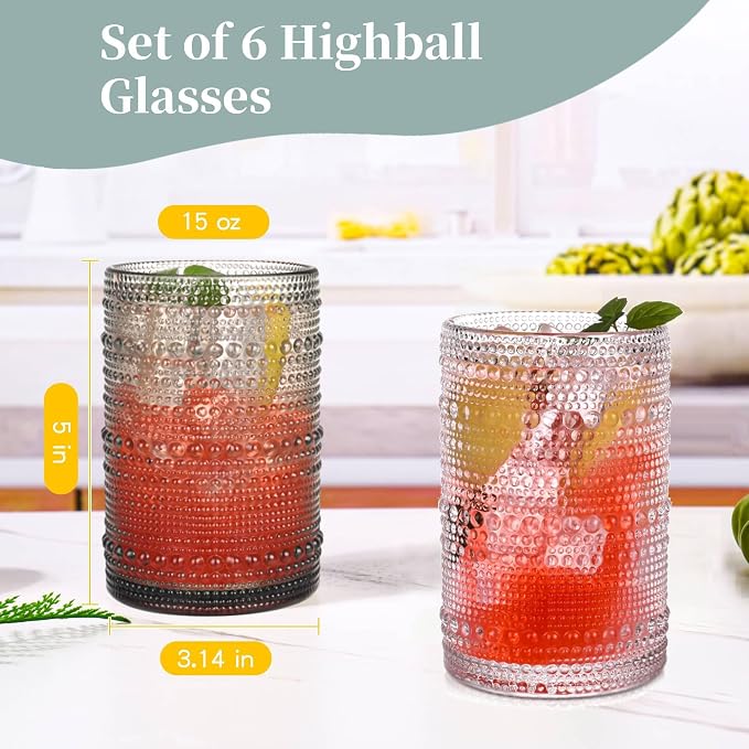Gray Hobnail Drinking Glasses Set of 6, 15 oz Vintage Highball Glasses - Image 3