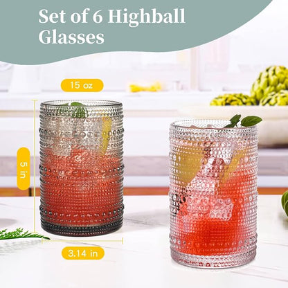Gray Hobnail Drinking Glasses Set of 6, 15 oz Vintage Highball Glasses - Image 3