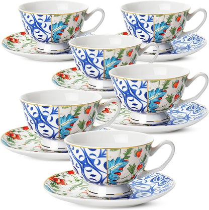 BTaT- Floral Tea Cups and Saucers, 8 oz, Fine Porcelain Teacup Set by BrewToATea