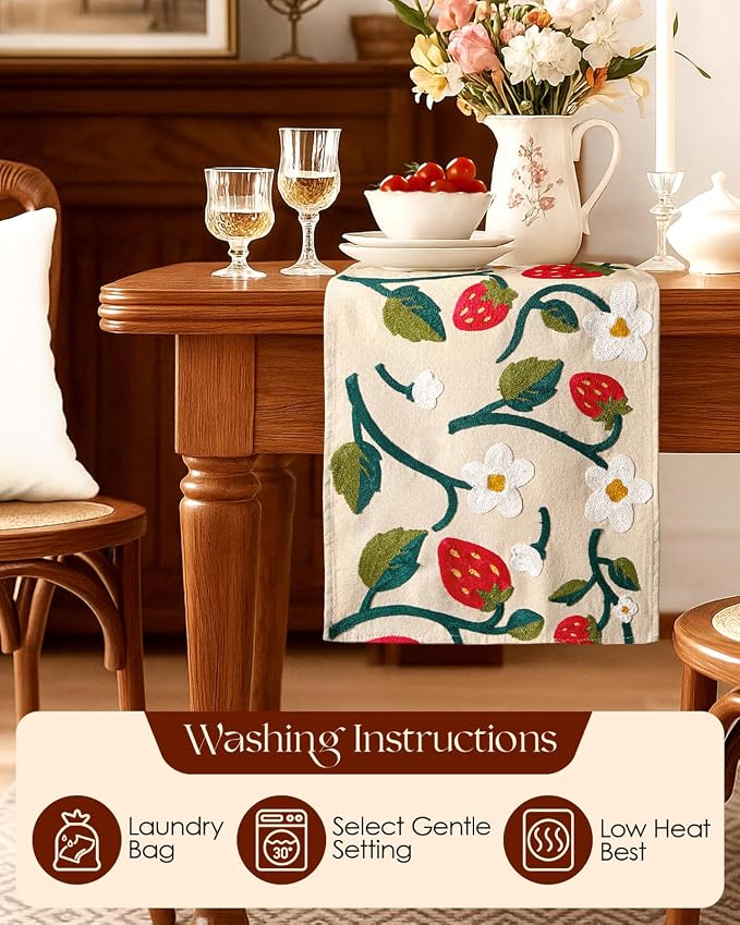 Canvas Embroidered Narrow 13"x 72" Table Runner, Strawberry | Exquisite - Image 4