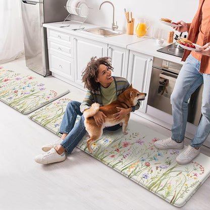 KIMODE Anti Fatigue Kitchen Mat for Floor, Farmhouse Floral Kitchen Rugs Sets of 2, Kitchen Floor Mats Non-Slip, Cushioned Standing Mat for Sink, Laundry, Desk, Home White 17"x47"+17"x29"