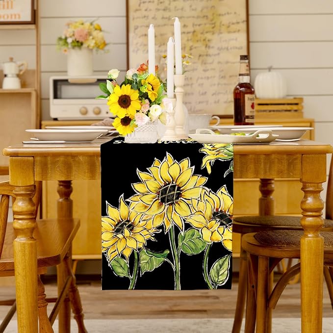 Summer Sunflower Hello Sunshine Table Runner Farmhouse Burlap Table Runners - Image 3
