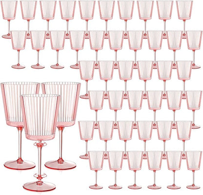 48 PCS Pink Plastic Wine Glasses with Removable Stems 13.5 Oz Pink Ribbed Wine Glasses Square White Wine Glass Muted Pastel Colors Goblets Elegant Fluted Glassware for Wedding Anniversary Birthday