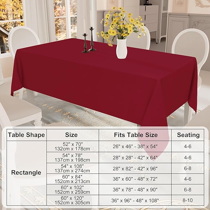 Smiry Rectangle Table Cloth, Waterproof Anti-Scratch Polyester Tablecloth, Decorative Washable Fabric Table Cover for Dining, Buffet, Parties and Outdoor, 60x120, Wine Red