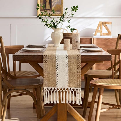 Baccessor Boho Macrame Table Runner, Woven Beige Jute Linen Table Runner - Image 3