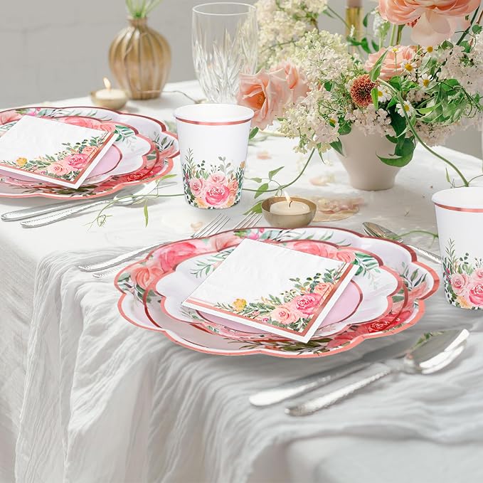 Whaline Floral Tableware Set Pink Flower Rose Gold Foil Disposable Party - Image 6