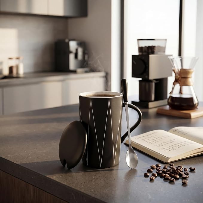 Ceramic Coffee Mug with Lid and Spoon, 13 oz Heavy Office Desk Mug, Minimalist - Image 4