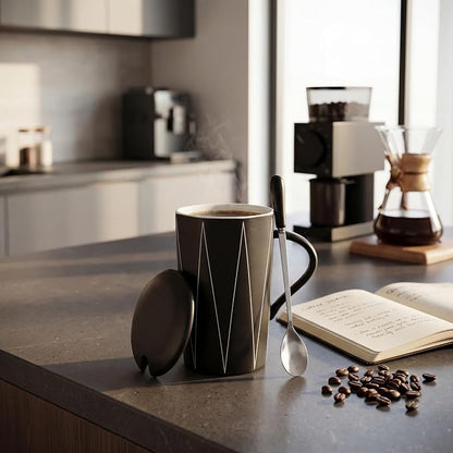 Ceramic Coffee Mug with Lid and Spoon, 13 oz Heavy Office Desk Mug, Minimalist - Image 4